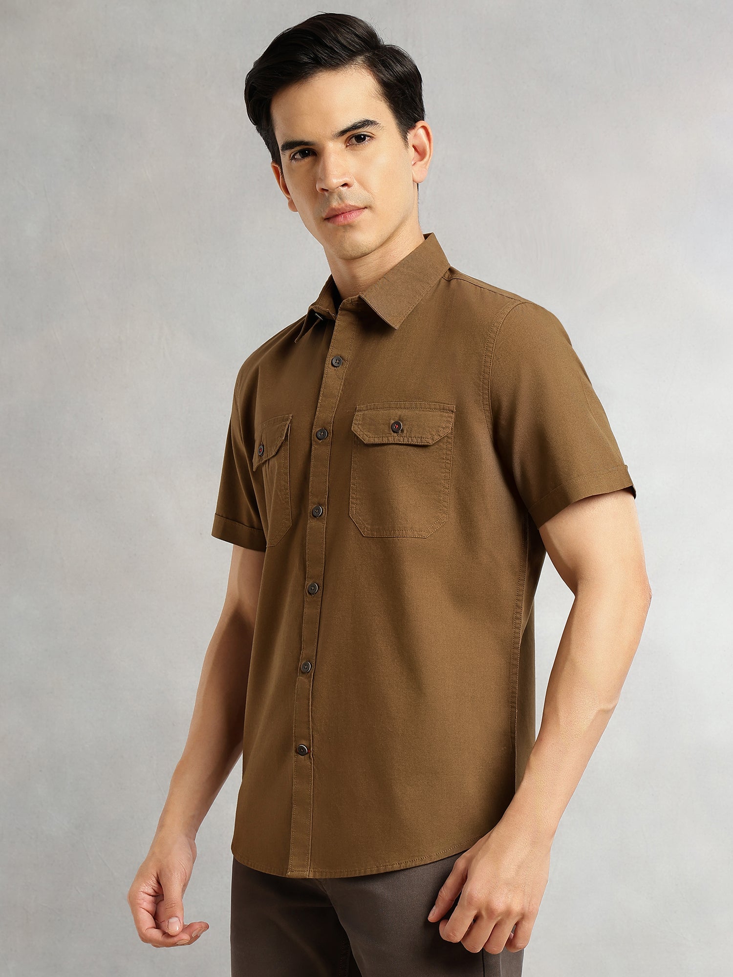 Thomas Scott Men Brown Men Cricket Club Collection Premium Slim Fit Casual Shirt-Dual Flap Pockets With Short Sleeves