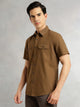 Thomas Scott Men Brown Men Cricket Club Collection Premium Slim Fit Casual Shirt-Dual Flap Pockets With Short Sleeves