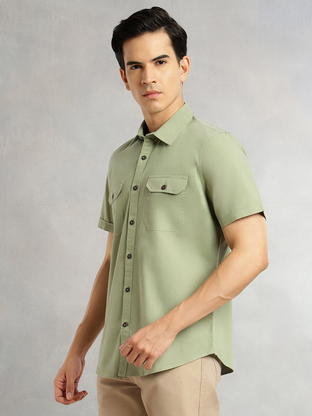 Thomas Scott Men Light Olive Men Cricket Club Collection Premium Slim Fit Casual Shirt-Dual Flap Pockets With Short Sleeves