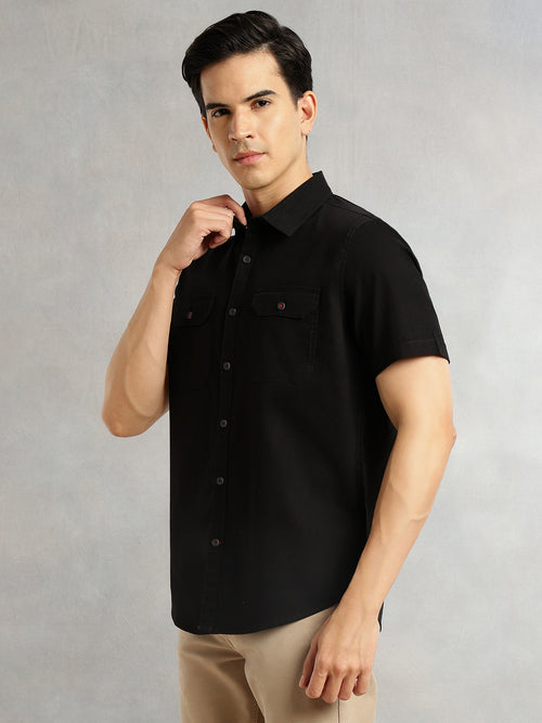 Thomas Scott Men Black Men Cricket Club Collection Premium Slim Fit Casual Shirt-Dual Flap Pockets With Short Sleeves