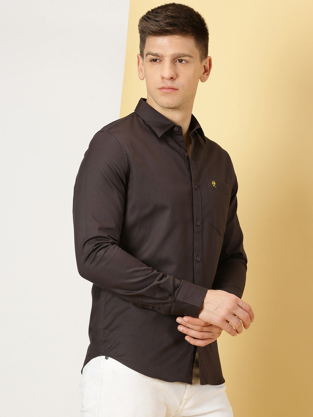 Thomas Scott Men Dark Grey Standard Slim Fit Spread Collar Long Sleeves 100% Cotton Casual Shirt