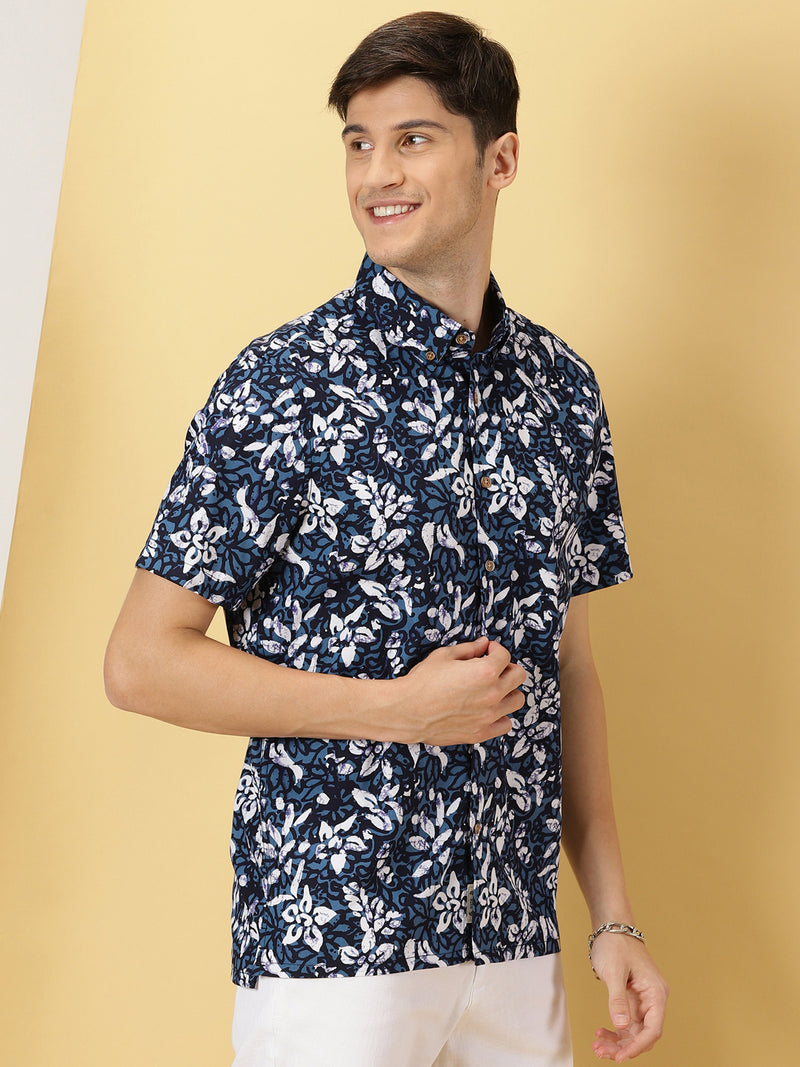 Thomas Scott Men Blue Smart Spread Collar Short Sleeves Slim Fit Floral Printed 100% Cotton Casual Shirt