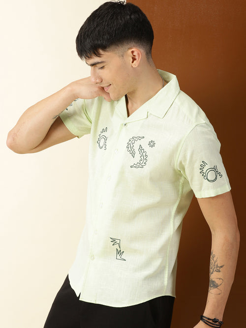 Thomas Scott Men Lime Green Premium Liberal Fit Short Sleeves Conversational Printed Cuban Collar Cotton Casual Shirt