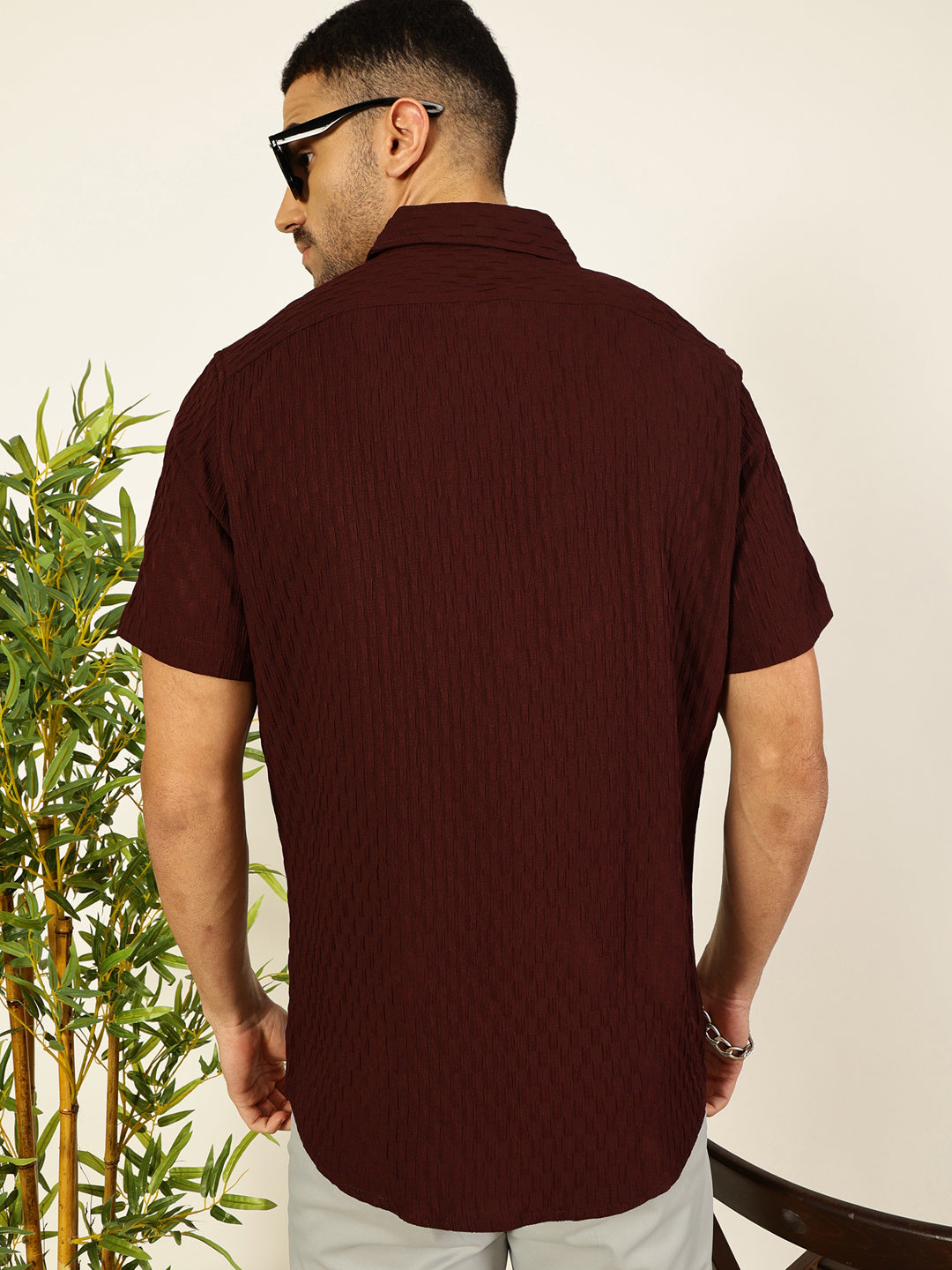Thomas Scott Men Maroon Premium Short Sleeves Regular Fit Spread Collar Textured Casual Shirt