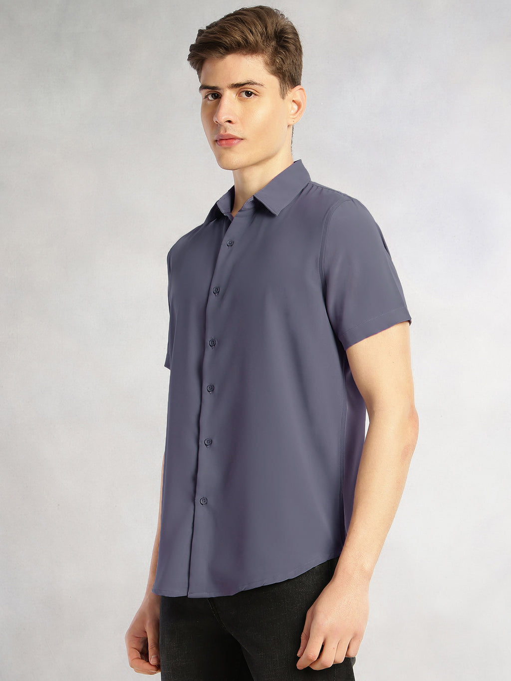 Thomas Scott Men Grey Regular Fit Short Sleeves Spread Collar Solid Polyester Casual Shirt