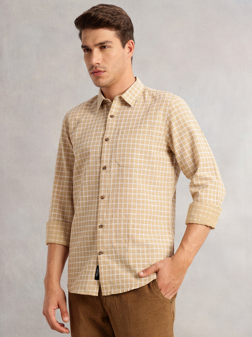 Thomas Scott Men Beige Regular Fit Long Sleeves Spread Collar Windowpane Check 100% Cotton Casual Shirt