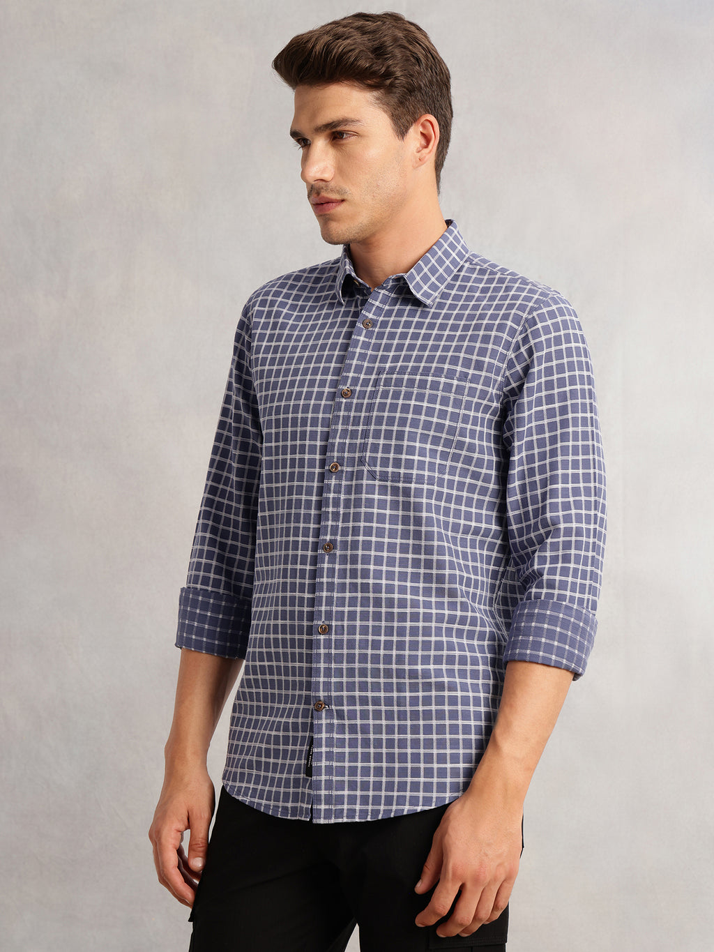 Thomas Scott Men Blue Regular Fit Long Sleeves Spread Collar Windowpane Check 100% Cotton Casual Shirt