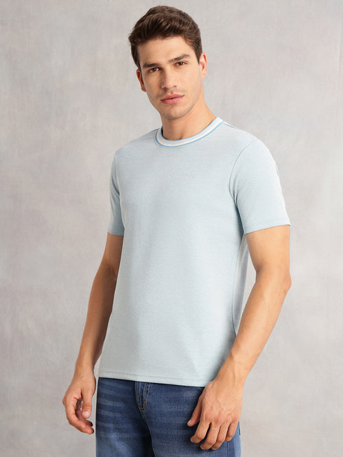 Thomas Scott Men Sky Blue Regular Fit Short Sleeves Round Neck Solid Knitted Tshirt