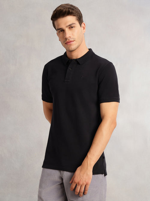 Thomas Scott Men Black Short Sleeves Regular Fit Solid 100% Cotton Polo Collar Knitted T-shirt