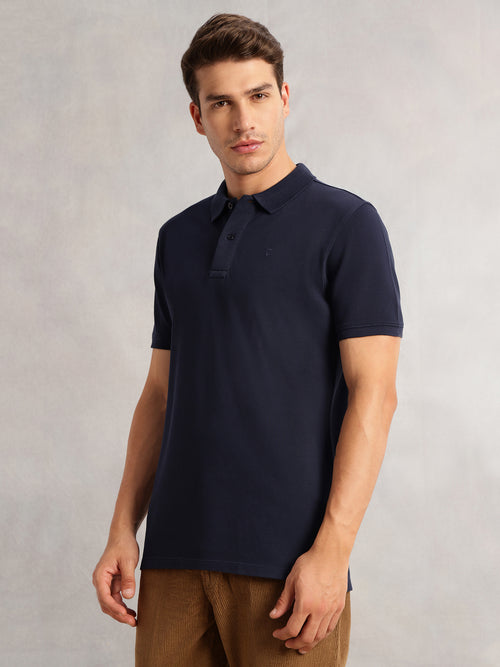 Thomas Scott Men Navy Blue Short Sleeves Regular Fit Solid 100% Cotton Polo Collar Knitted T-shirt
