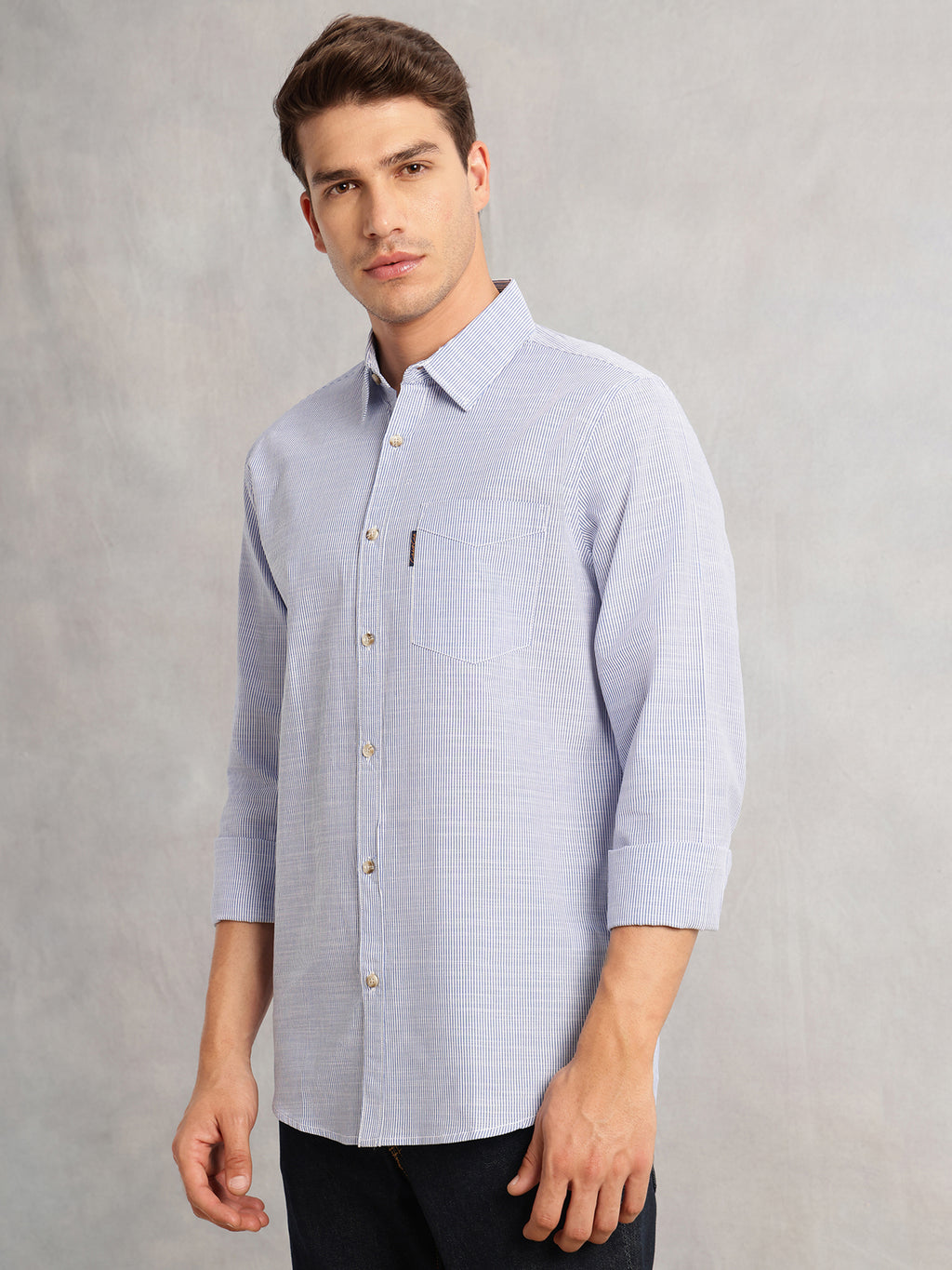 Thomas Scott Men Blue Cricket Club Collection Pinstripe Long Sleeves Regular Fit Cotton Linen Casual Shirt