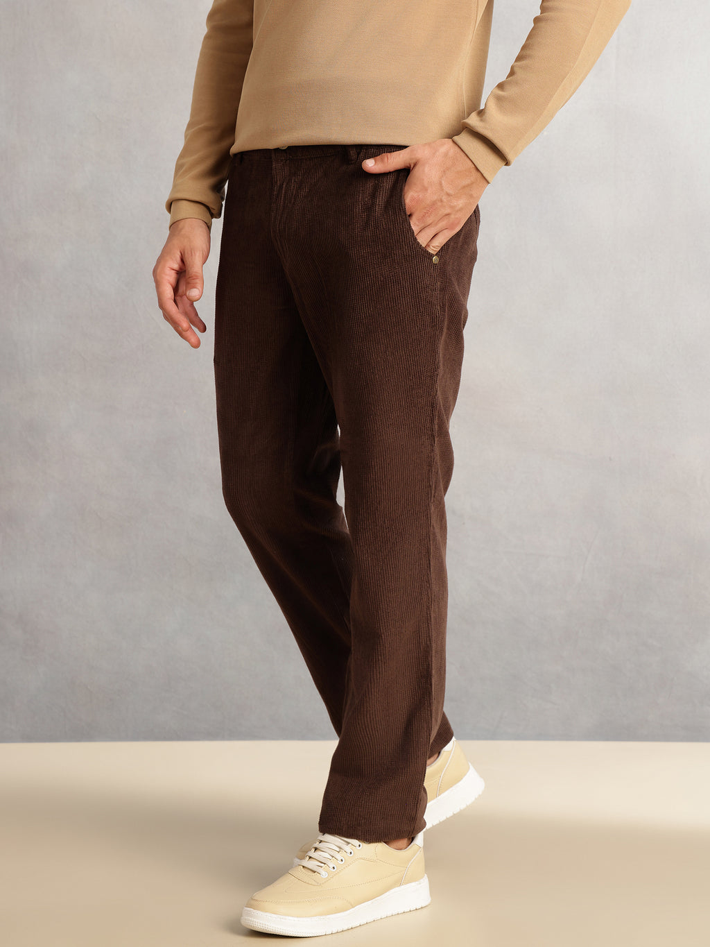Thomas Scott Men Brown Regular Fit Mid-Rise Textured 4-Pockets Design Corduroy Trouser