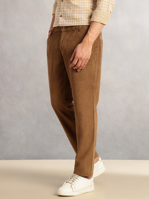 Thomas Scott Men Khaki Regular Fit Mid-Rise Textured 4-Pockets Design Corduroy Trouser