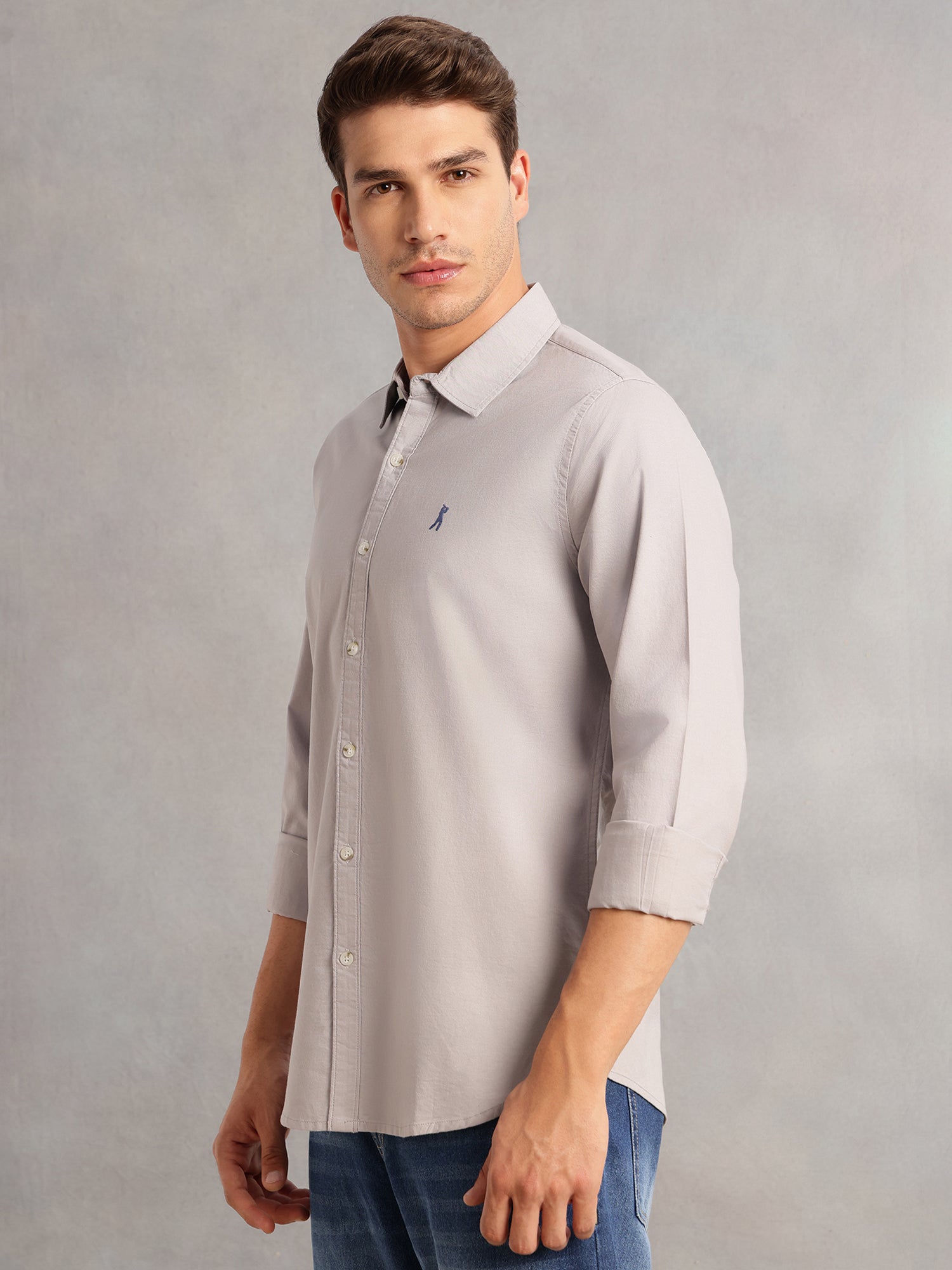 Thomas Scott Men Grey Cricket Club Collection Slim Fit Oxford Cotton Casual Shirt with Spread Collar & Long Sleeves