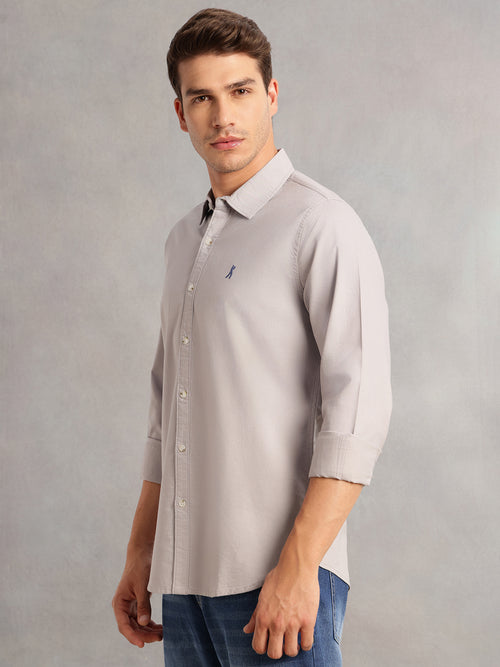 Thomas Scott Men Grey Cricket Club Collection Slim Fit Oxford Cotton Casual Shirt with Spread Collar & Long Sleeves