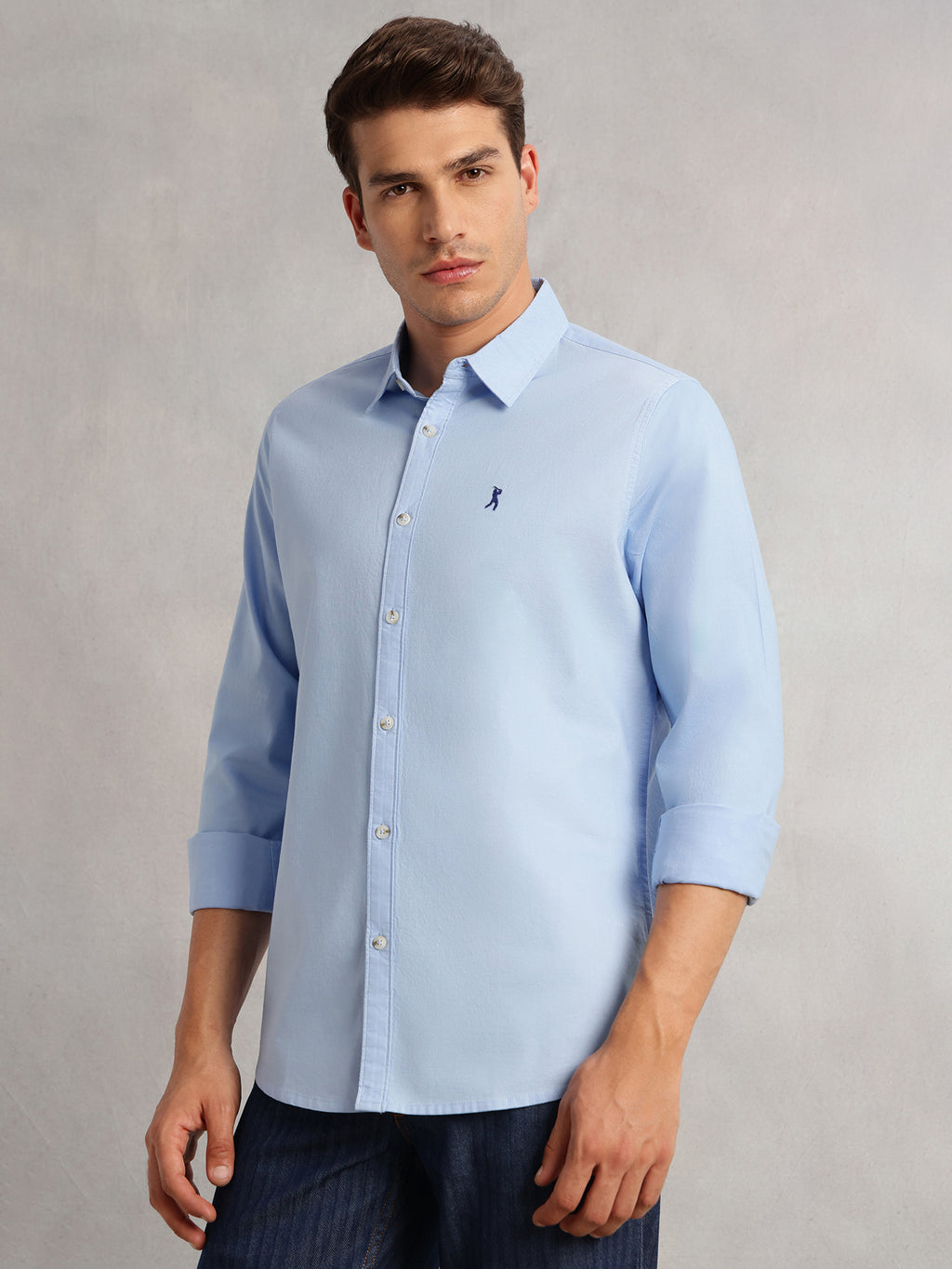 Thomas Scott Men Sky Blue Cricket Club Collection Slim Fit Oxford Cotton Casual Shirt with Spread Collar & Long Sleeves
