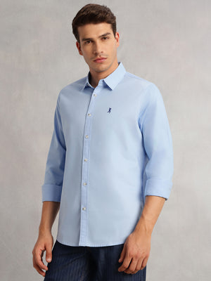 Thomas Scott Men Sky Blue Cricket Club Collection Slim Fit Oxford Cotton Casual Shirt with Spread Collar & Long Sleeves