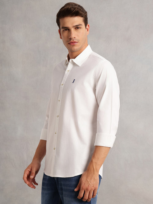 Thomas Scott Men White Cricket Club Collection Slim Fit Oxford Cotton Casual Shirt with Spread Collar & Long Sleeves