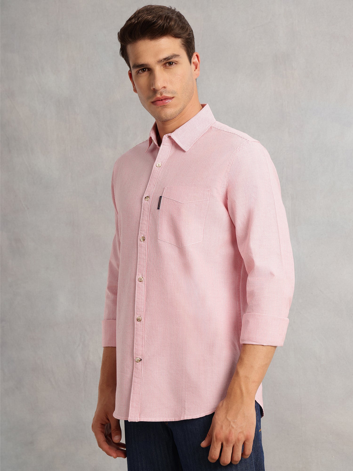 Thomas Scott Men Red Cricket Club Collection Regular Fit Pinstripes Long Sleeves Spread Collar 100% Cotton Oxford Casual Shirt