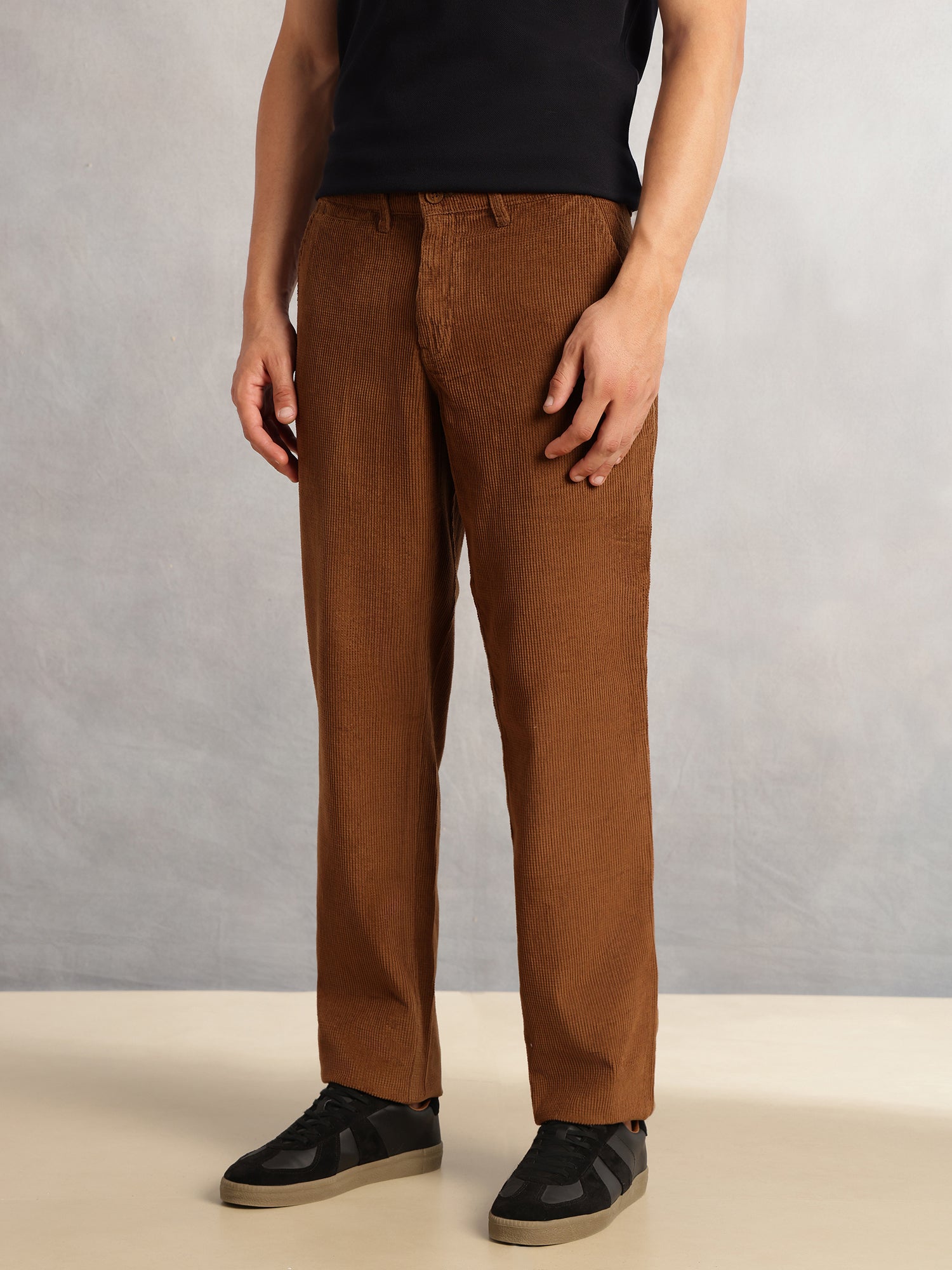 Thomas Scott Men Khaki Regular Fit Mid-Rise Textured 4 Pockets Design Corduroy Trouser