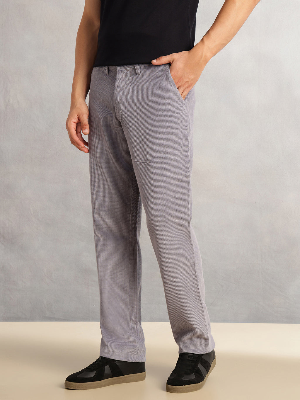 Thomas Scott Men Mid Blue Regular Fit Mid-Rise Textured 4 Pockets Design Corduroy Trouser