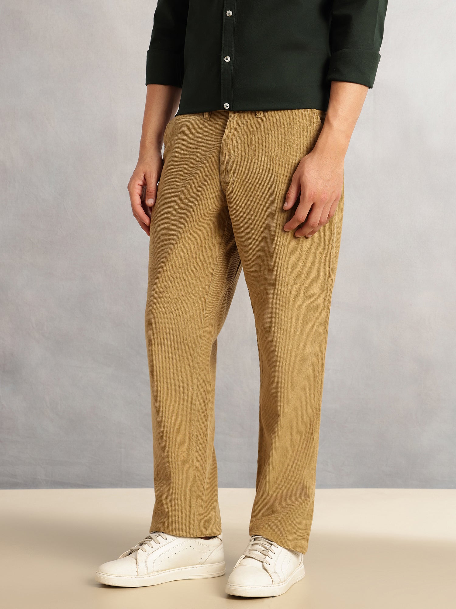 Thomas Scott Men Mustard Regular Fit Mid-Rise Textured 4 Pockets Design Corduroy Trouser