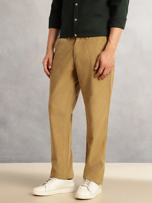Thomas Scott Men Mustard Regular Fit Mid-Rise Textured 4 Pockets Design Corduroy Trouser