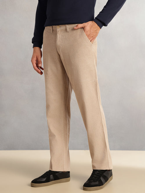 Thomas Scott Men Fawn Regular Fit Mid-Rise Textured 4 Pockets Design Corduroy Trouser