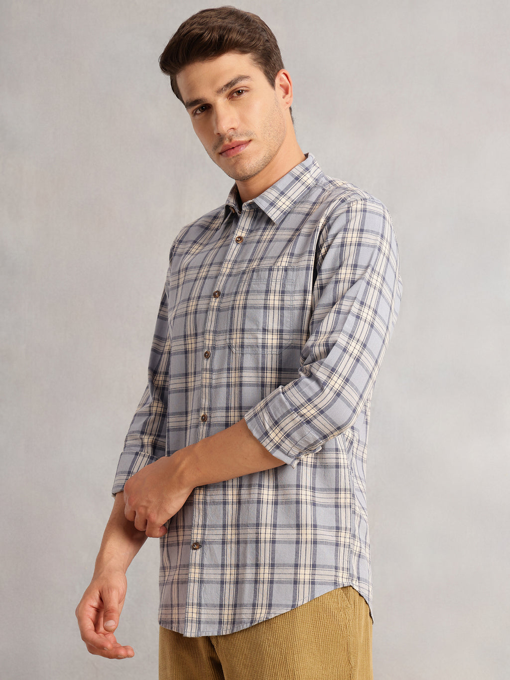 Thomas Scott Men Blue Regular Fit Long Sleeves Spread Collar Cotton Plaid Checked 100% Cotton Casual Shirt