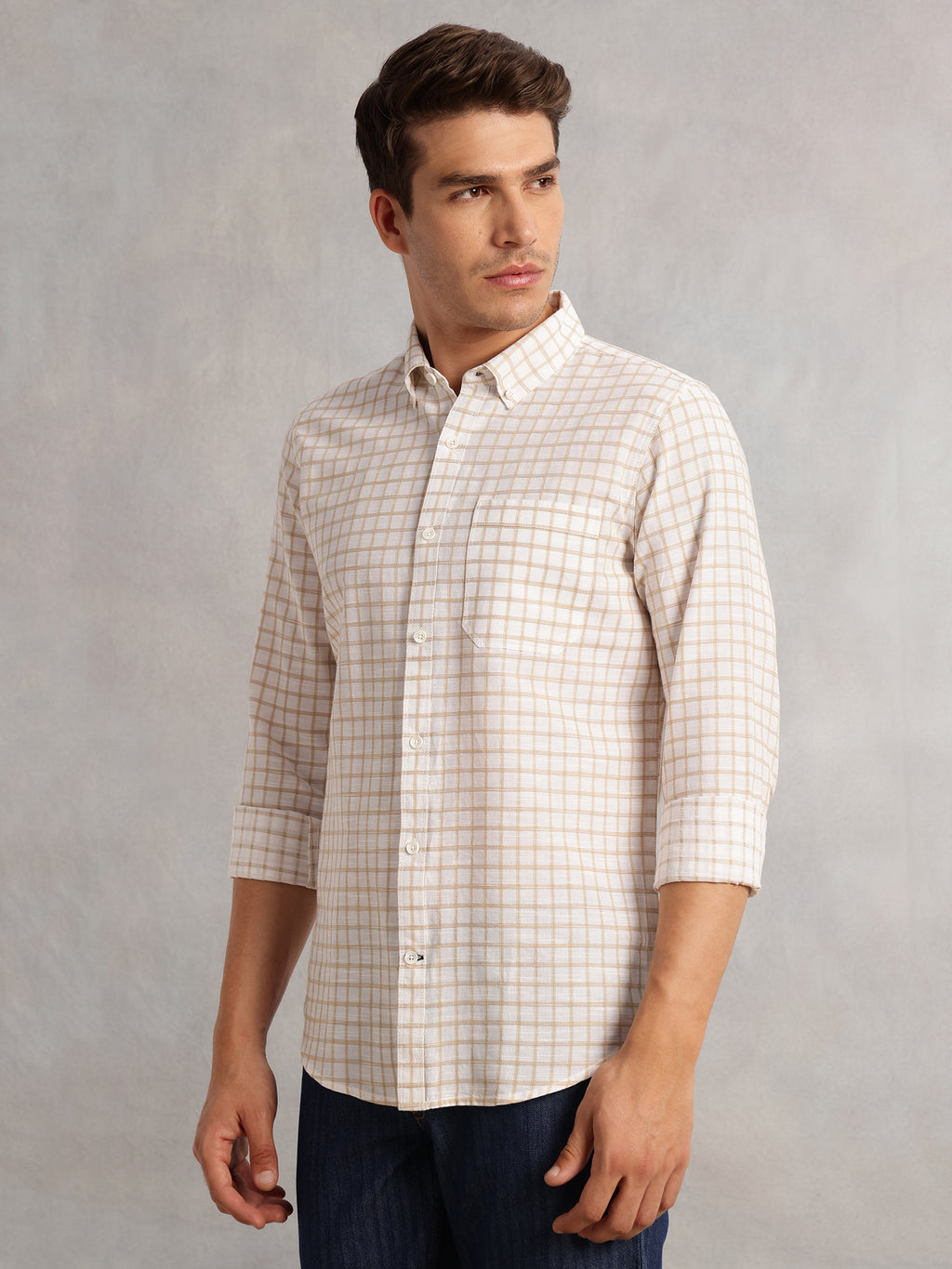 Thomas Scott Men Beige Regular Fit Long Sleeves Button Down Collar Windowpane Check 100% Cotton Casual Shirt