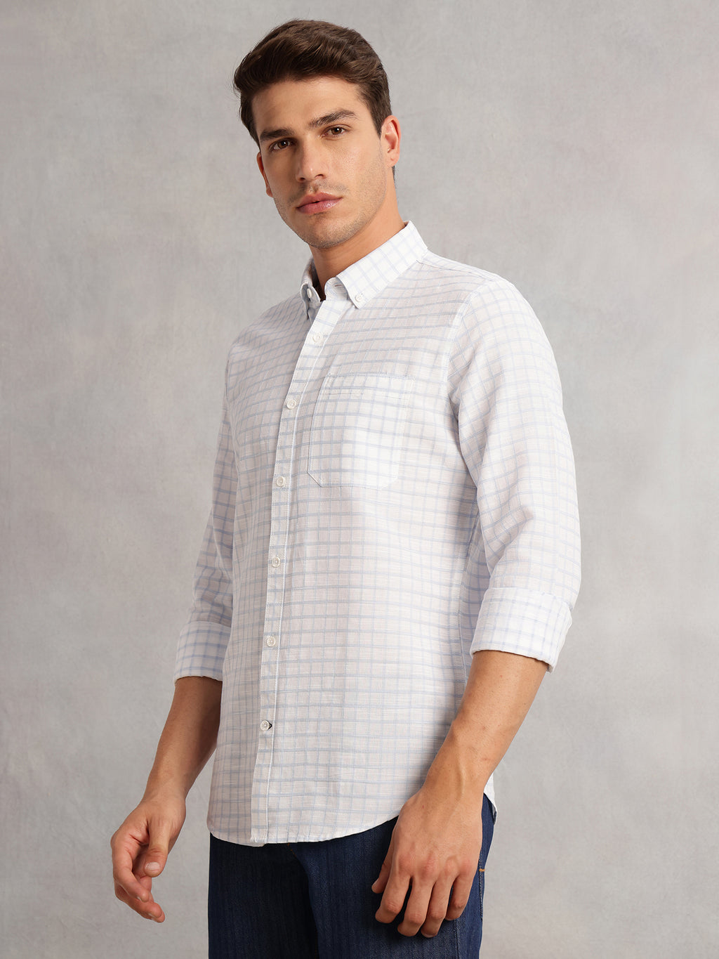 Thomas Scott Men Blue Regular Fit Long Sleeves Button Down Collar Windowpane Check 100% Cotton Casual Shirt