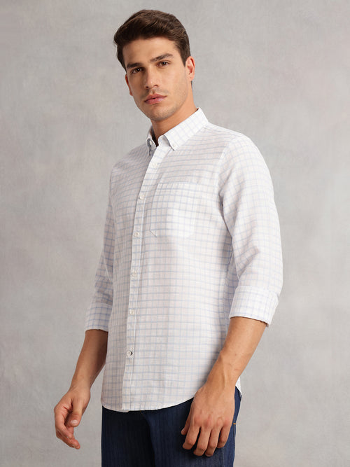 Thomas Scott Men Blue Regular Fit Long Sleeves Button Down Collar Windowpane Check 100% Cotton Casual Shirt