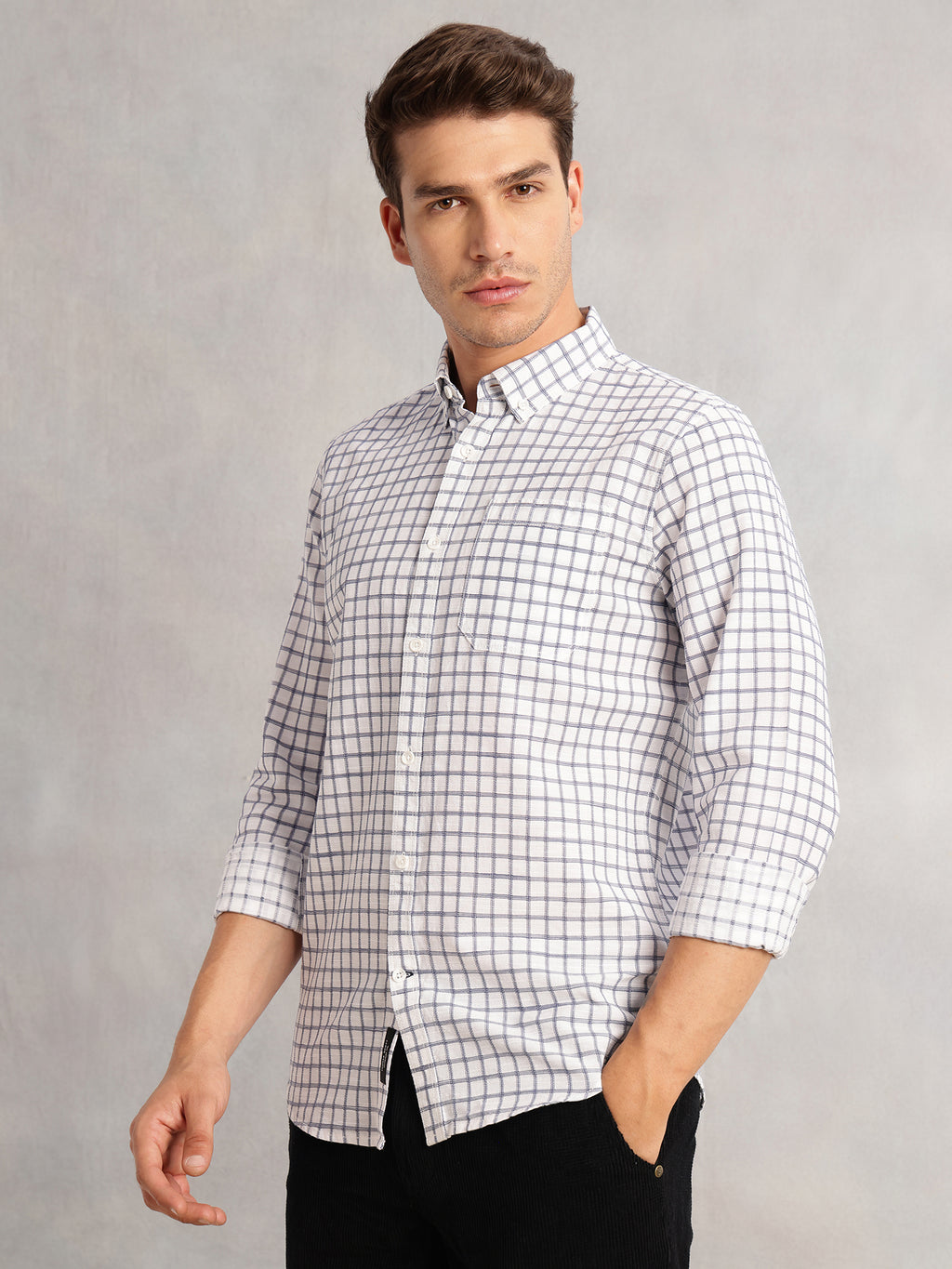 Thomas Scott Men Navy Regular Fit Long Sleeves Button Down Collar Windowpane Check 100% Cotton Casual Shirt