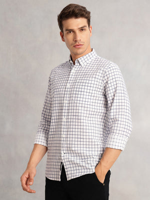 Thomas Scott Men Navy Regular Fit Long Sleeves Button Down Collar Windowpane Check 100% Cotton Casual Shirt