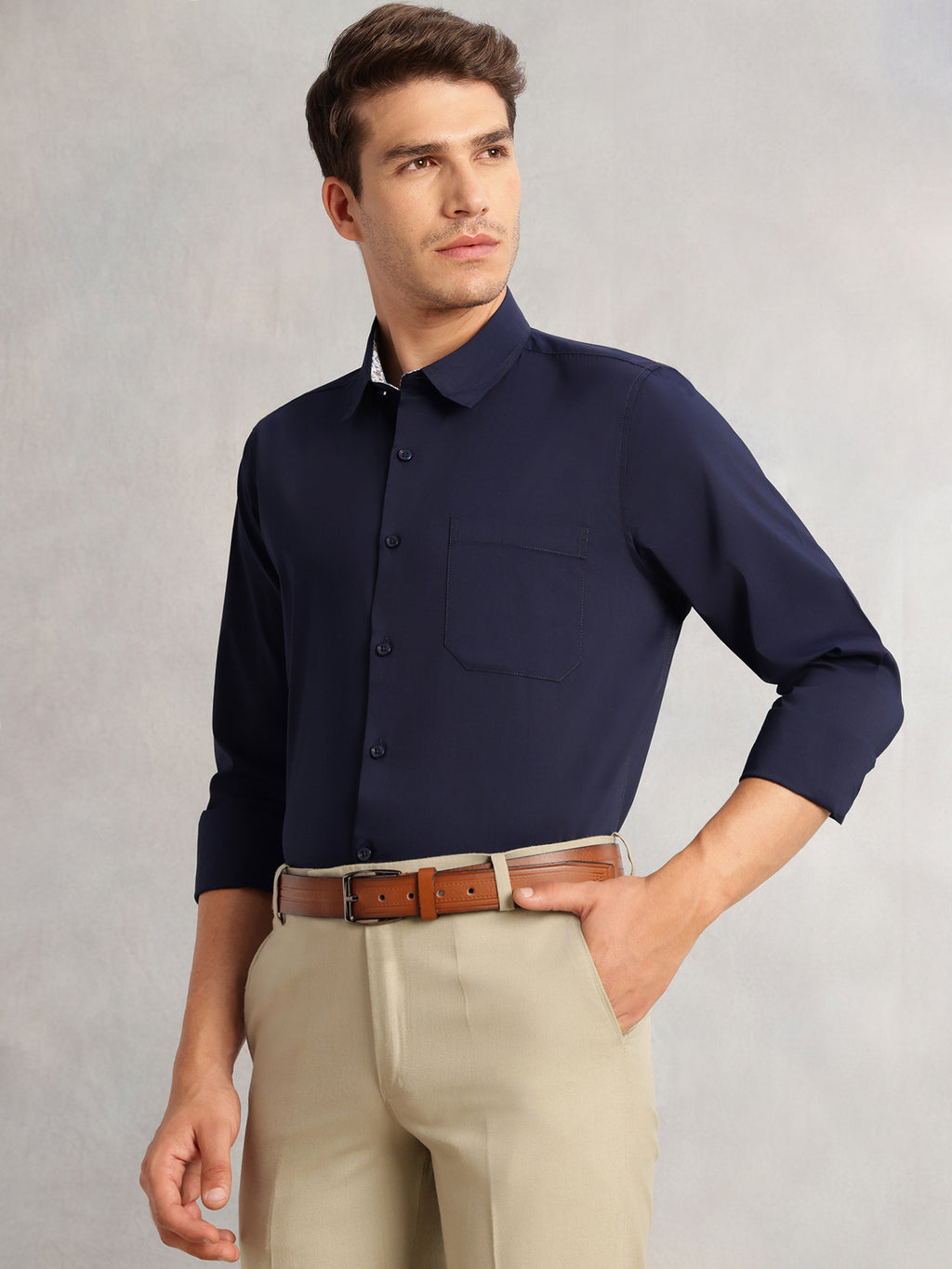 Thomas Scott Men Navy Premium Regular Fit Long Sleeves Spread Collar Solid 100% Cotton Formal Shirt