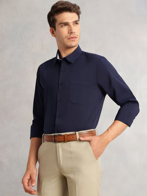 Thomas Scott Men Navy Premium Regular Fit Long Sleeves Spread Collar Solid 100% Cotton Formal Shirt