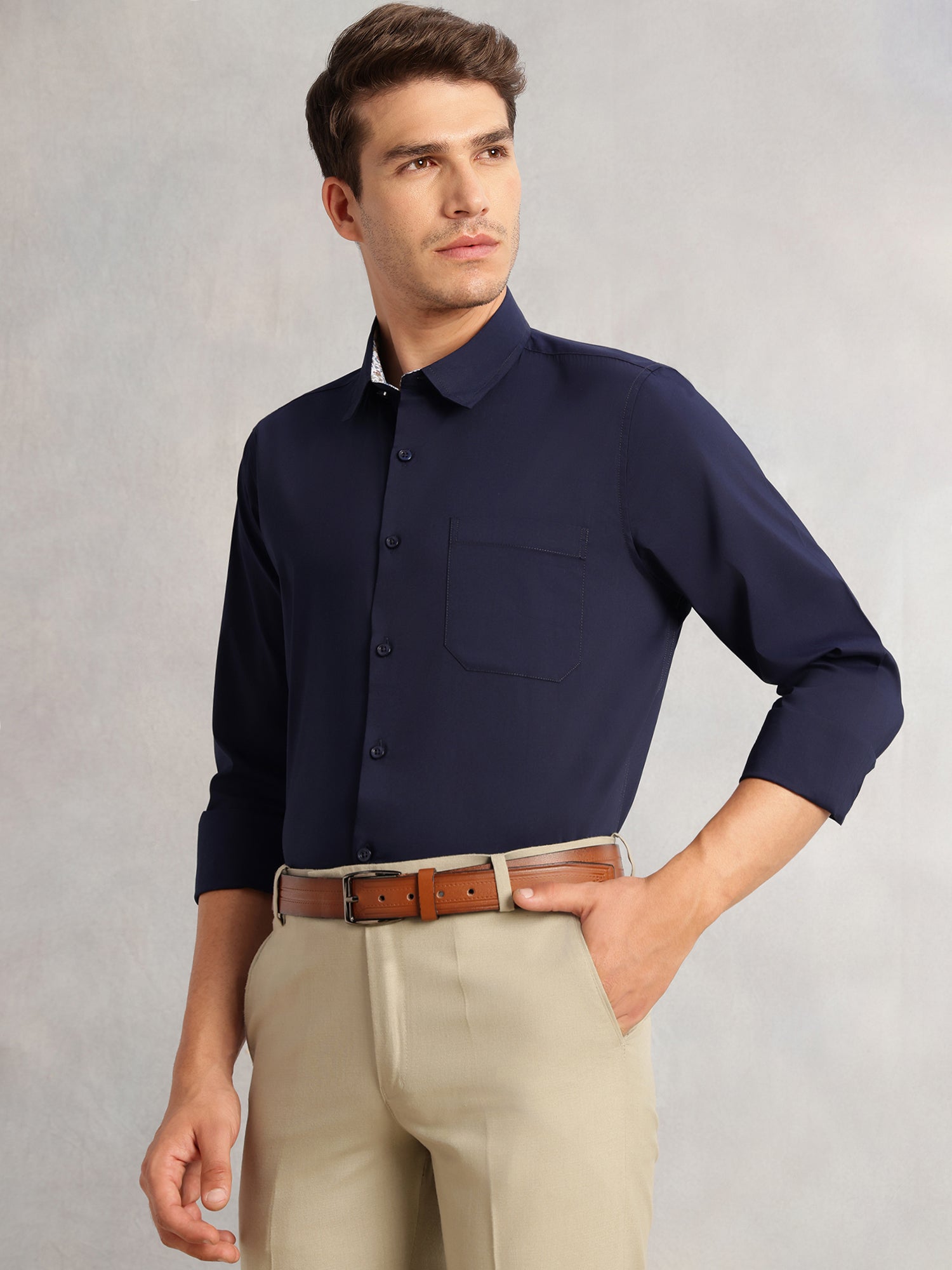 Thomas Scott Men Navy Premium Regular Fit Long Sleeves Spread Collar Solid 100% Cotton Formal Shirt