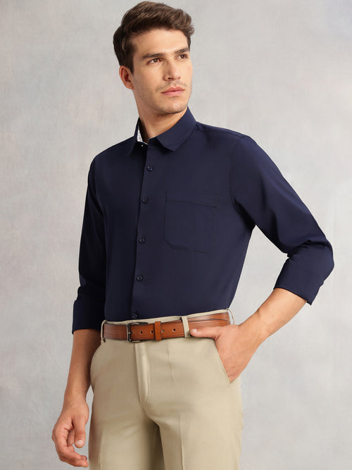 Thomas Scott Men Navy Premium Regular Fit Long Sleeves Spread Collar Solid 100% Cotton Formal Shirt