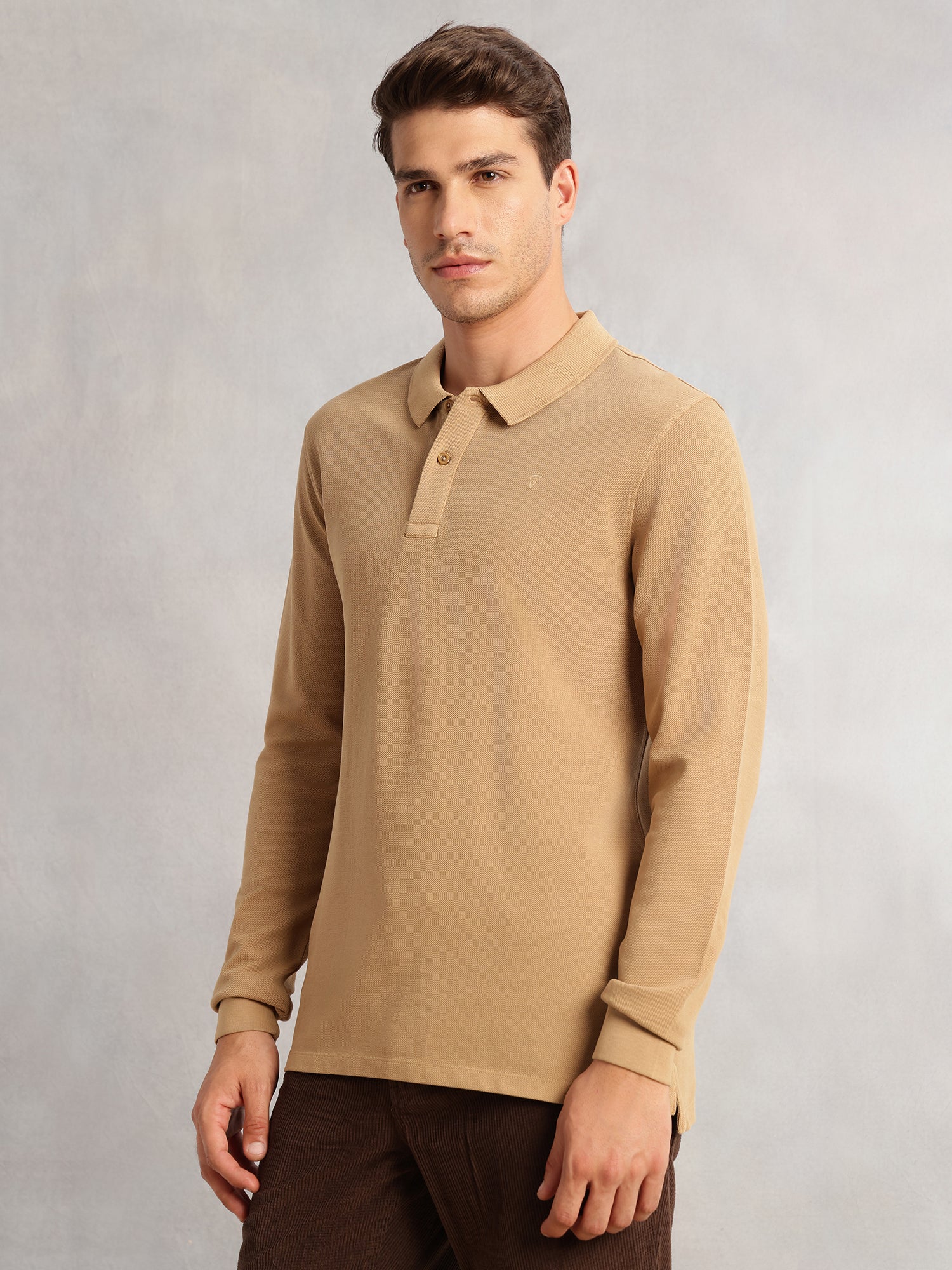 Thomas Scott Men Beige Regular Fit Solid Polo Collar Long Sleeve Pure Cotton Knitted T-shirt