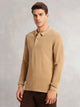 Thomas Scott Men Beige Regular Fit Solid Polo Collar Long Sleeve Pure Cotton Knitted T-shirt