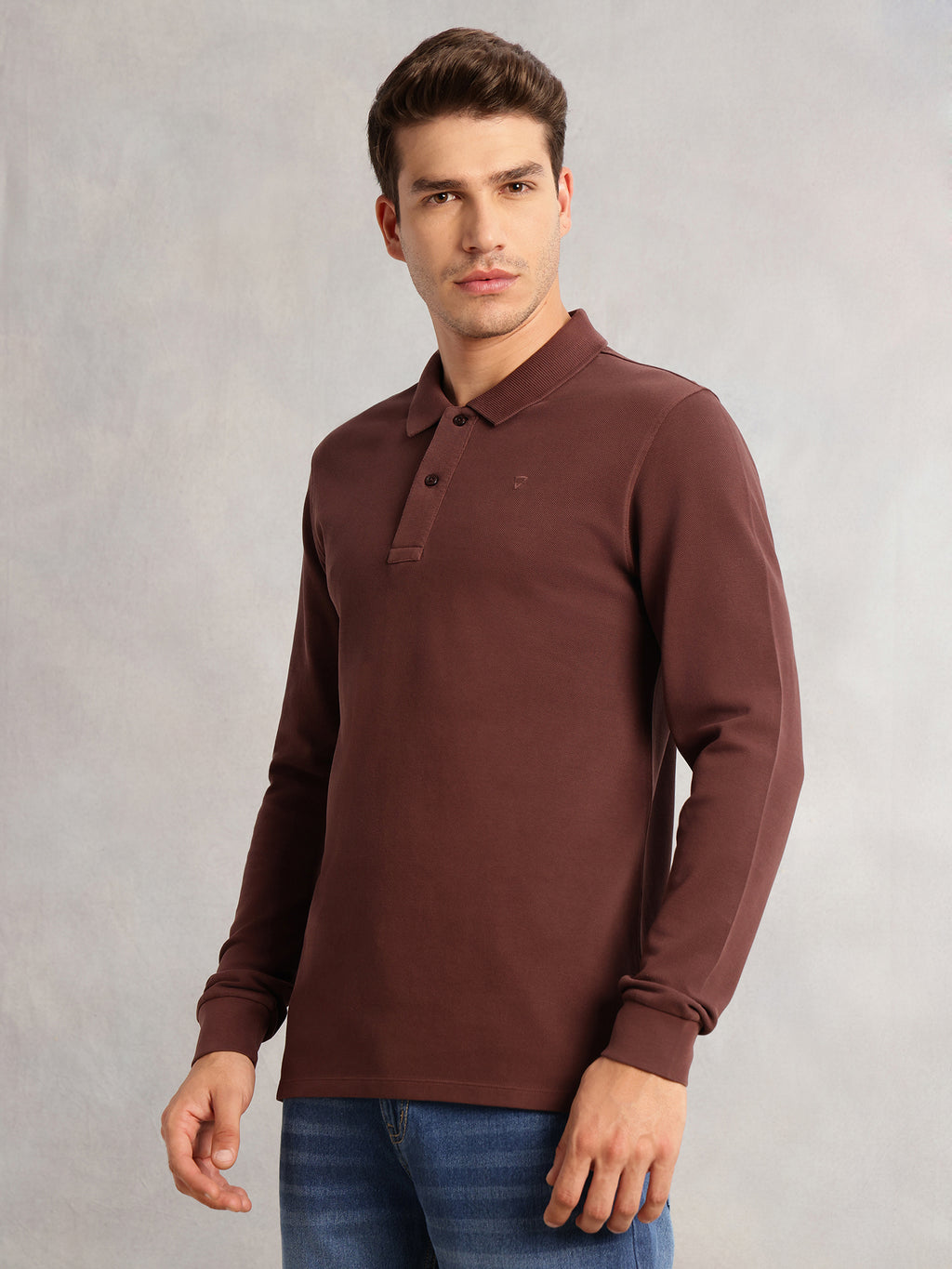 Thomas Scott Men Brown Regular Fit Solid Polo Collar Long Sleeve Pure Cotton Knitted T-shirt