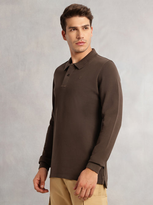 Thomas Scott Men Olive Regular Fit Solid Polo Collar Long Sleeve Pure Cotton Knitted T-shirt