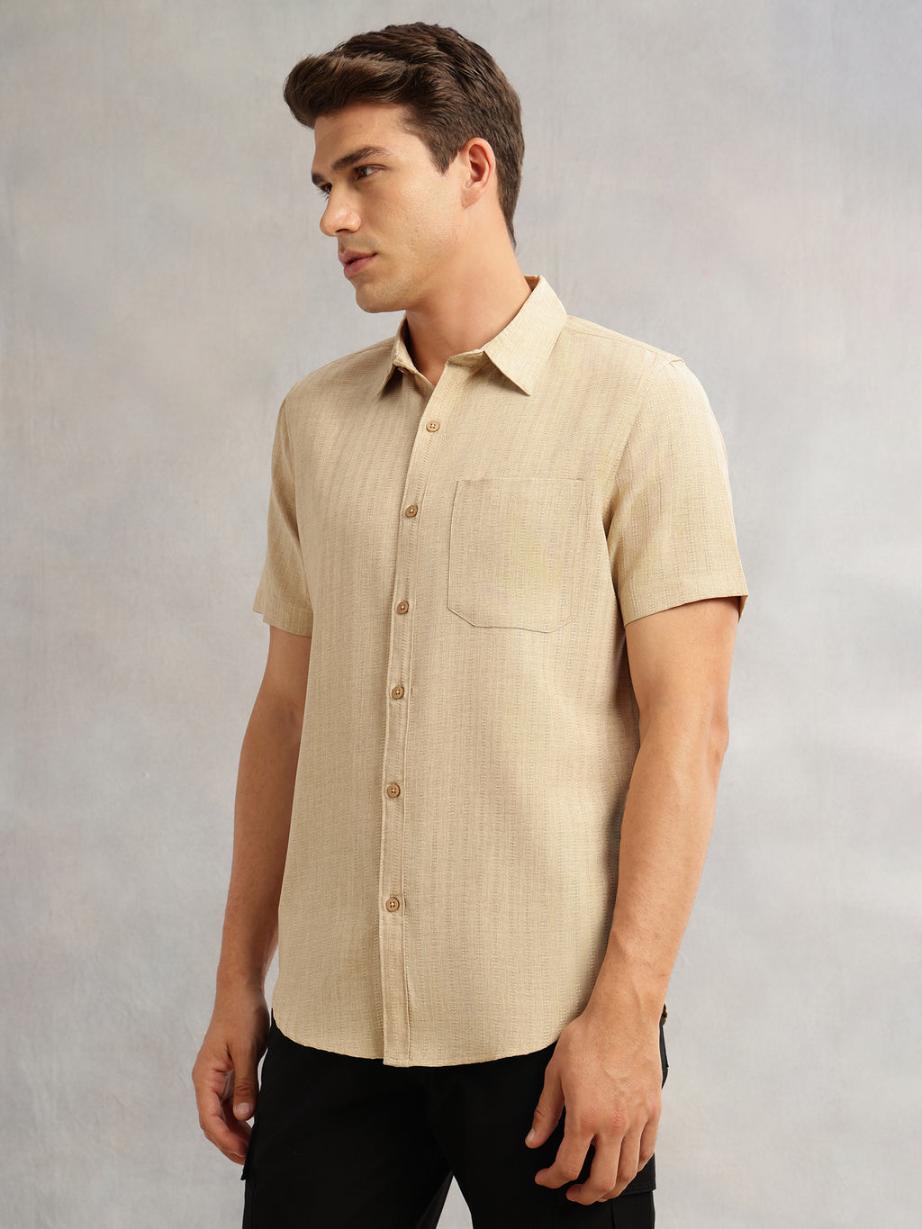 Thomas Scott Men Beige Premium Regular Fit Short Sleeves Spread Collar Polyester Casual Shirt