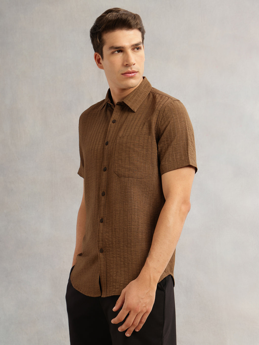Thomas Scott Men Brown Premium Regular Fit Short Sleeves Spread Collar Polyester Casual Shirt