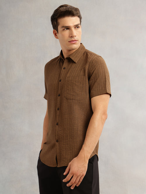 Thomas Scott Men Brown Premium Regular Fit Short Sleeves Spread Collar Polyester Casual Shirt