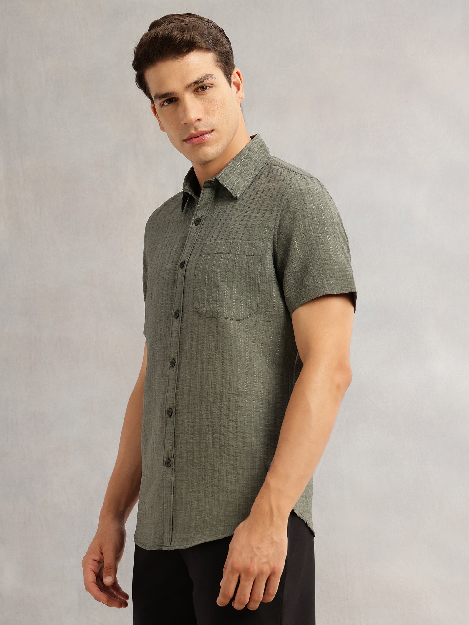 Thomas Scott Men Olive Premium Regular Fit Short Sleeves Spread Collar Polyester Casual Shirt