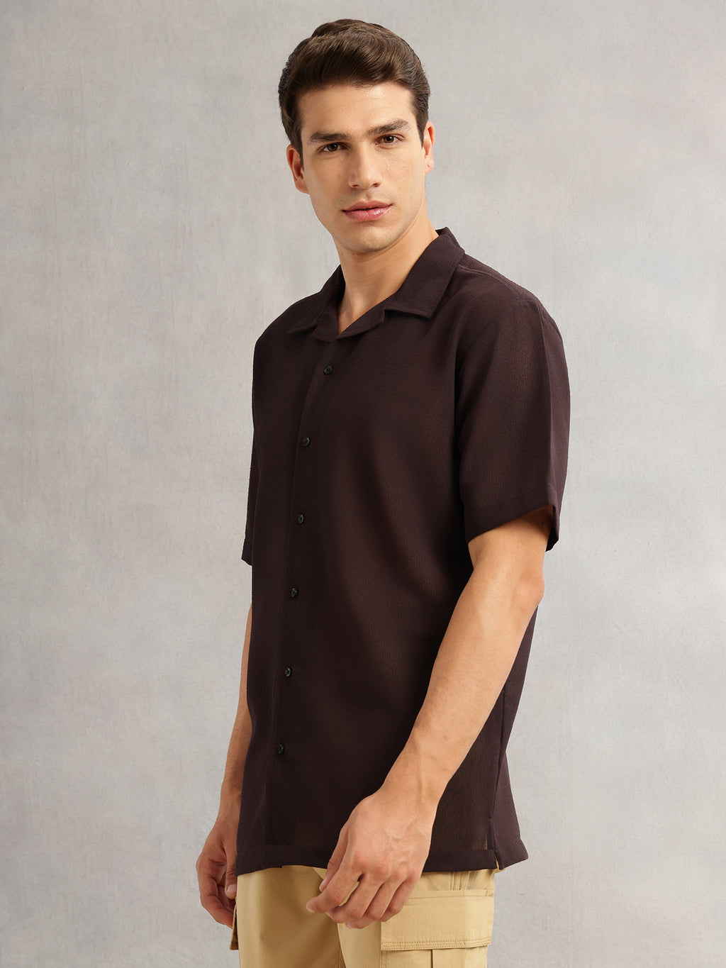 Thomas Scott Men Brown Premium Oversize Fit Short Sleeves Camp Collar Textured Polyester Casual Shirt