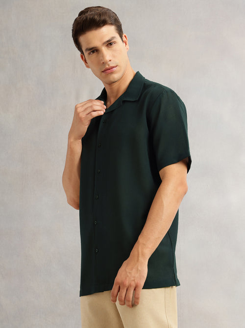 Thomas Scott Men Green Premium Oversize Fit Short Sleeves Camp Collar Textured Polyester Casual Shirt