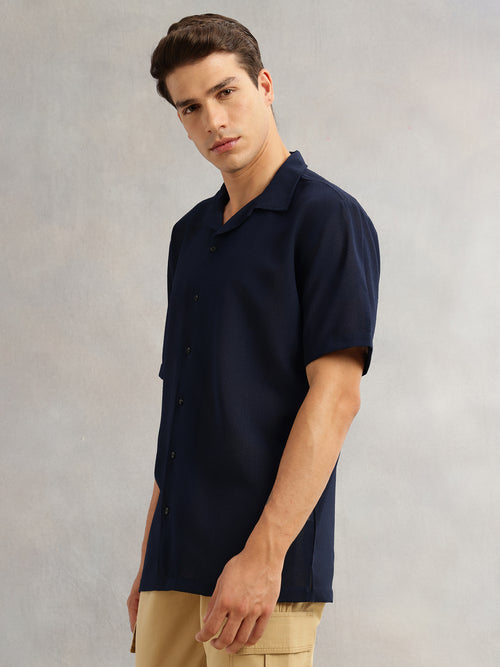 Thomas Scott Men Navy Premium Oversize Fit Short Sleeves Camp Collar Textured Polyester Casual Shirt