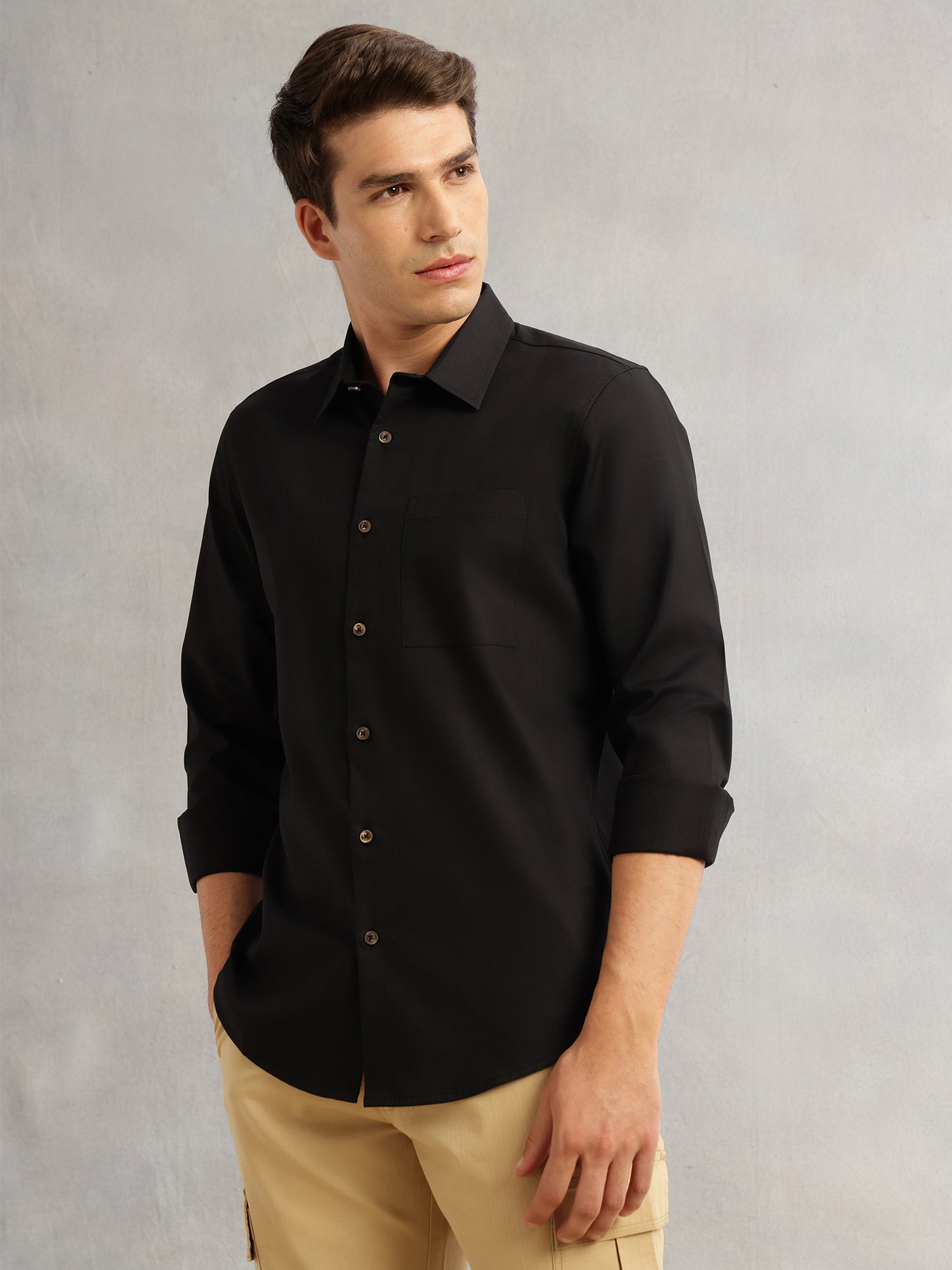 Thomas Scott Men Black Premium Regular Fit Long Sleeves Spread Collar Textured 100% Cotton Casual Shirt
